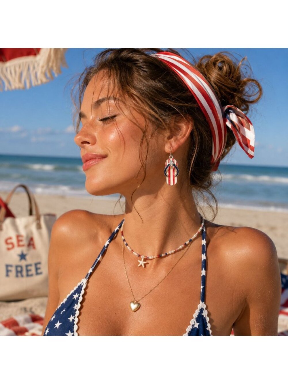 Patriotic Flip Flop Earrings Red White Blue Americana Beach July Dangle Jewelry